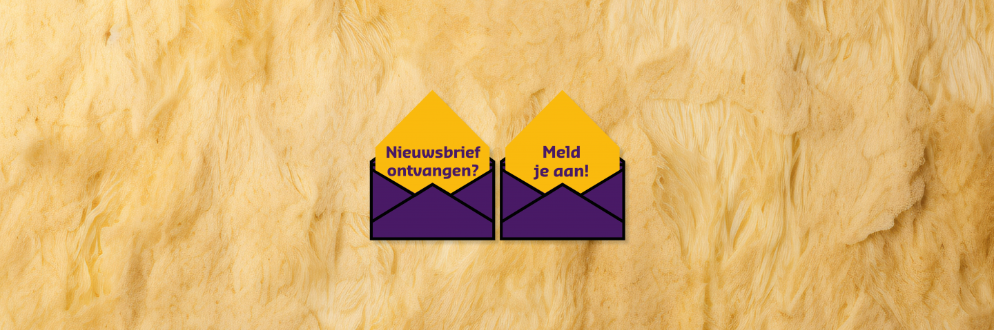 Twee paarse enveloppen met gele brief waar 'nieuwsbrief ontvangen, meld je aan' in staat